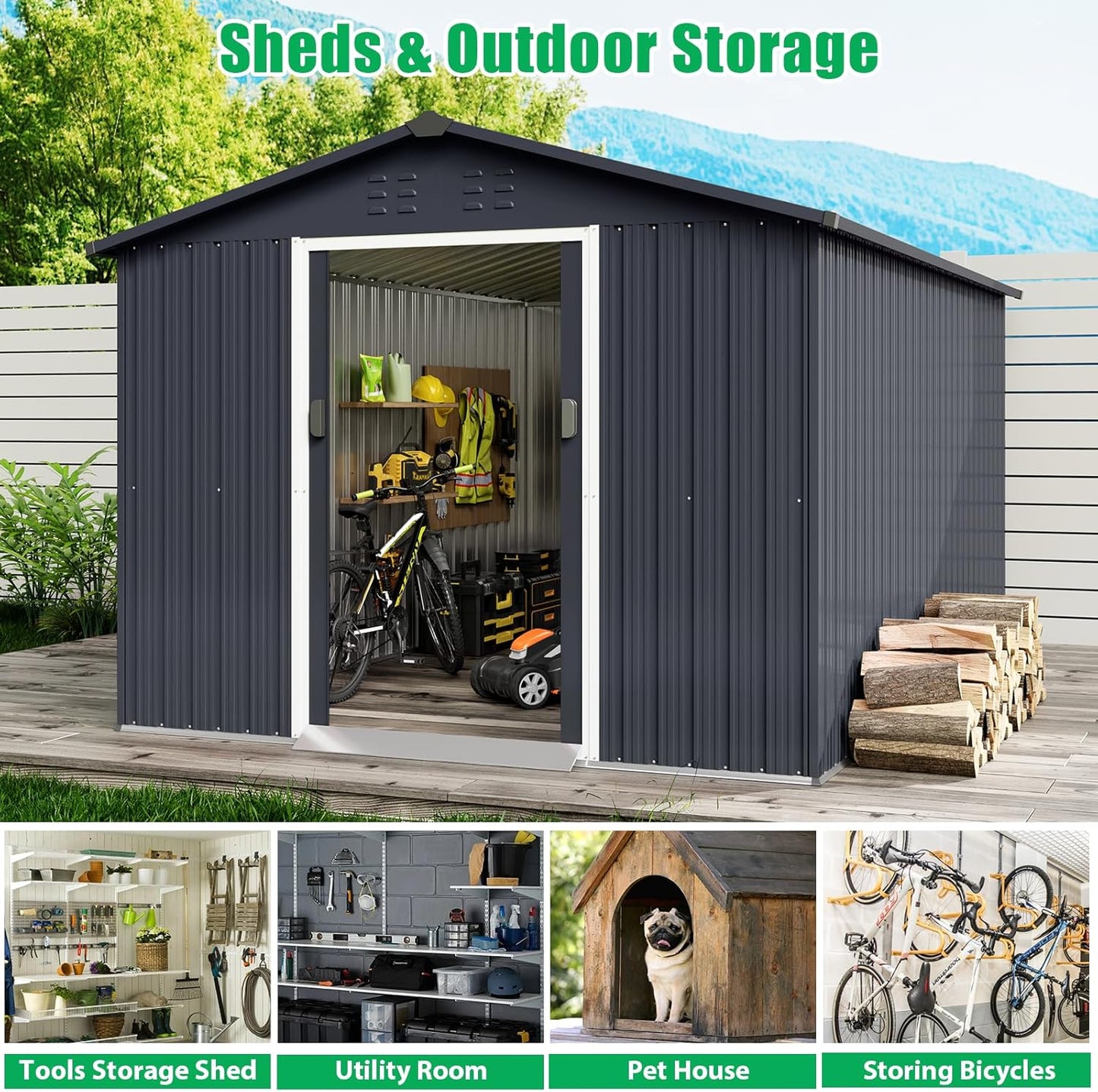 Outdoor Storage Shed 8 x 12 Ft, Outdoor Tool Metal Shed with Lockable Door, Air Vents and Sloping Roof, Metal Aluminum Waterproof Tool Sheds for Yard, Garden, Patio, Garage, Lawn, Gray