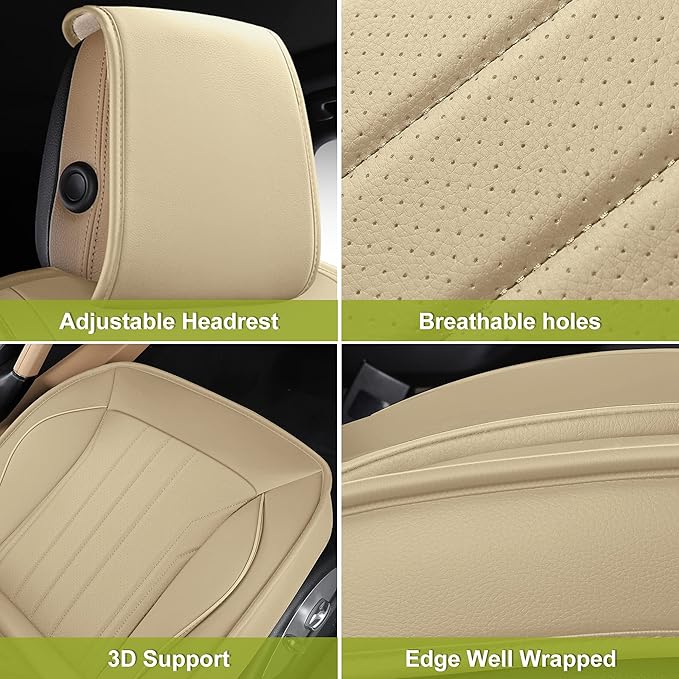 AOOG Leather Car Seat Covers, Leatherette Automotive Seat Covers for Cars SUV Pick-up Truck, Non-Slip Vehicle Car Seat Covers Universal Fit Set for Auto Interior Accessories, Front Pair, Beige