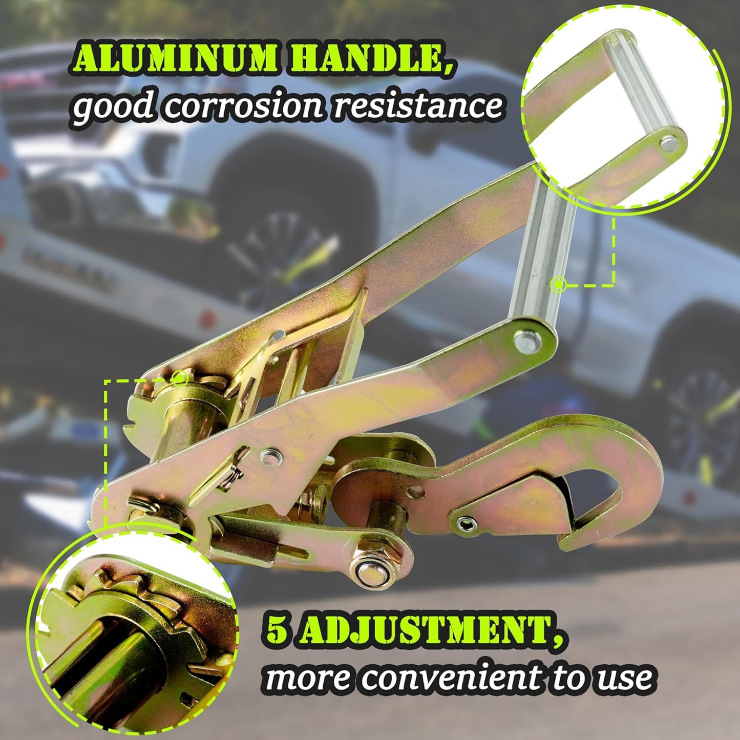 4 Pack Car Tie Down Straps for Trailers - 2" x 96" - 3,300 lbs Safe Working Load -Adjustable Wheel Straps for Hauling Cars.Green