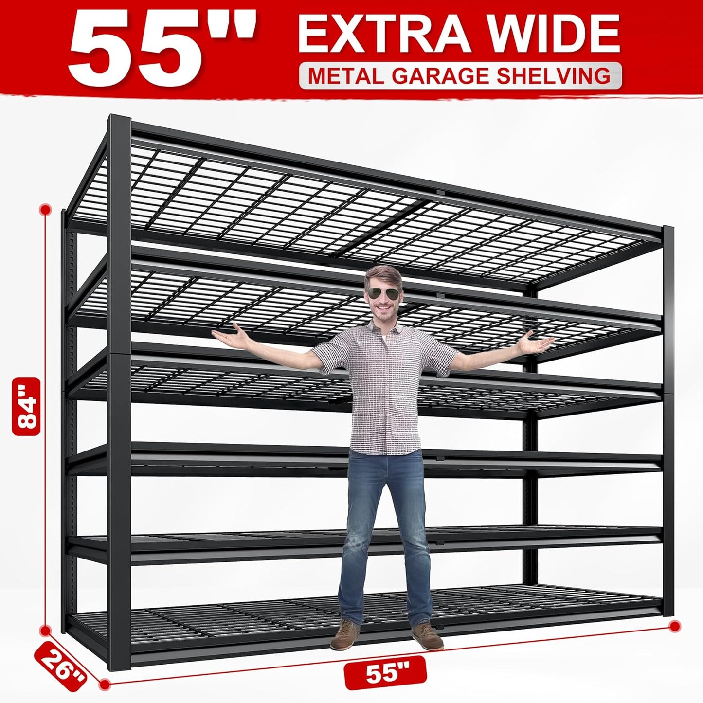 REIBII 3500LBS Garage Shelving, Adjustable Storage Shelves Heavy Duty, 6 Tier Heavy Duty Shelving, Metal Shelving Unit for Warehouse, Basement, Industrial, 55" W x 26" D x 84" H, Black, 2 Pack
