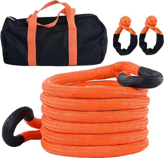 Kinetic Recovery Tow Rope, 48000LBS Snatch Strap with Soft Shackles, Extreme Duty 30% Elasticity Energy Offroad Towing Straps Kit for Car Jeep Trucks SUV UTV ATV Tractor - 1" x 20ft, Orange