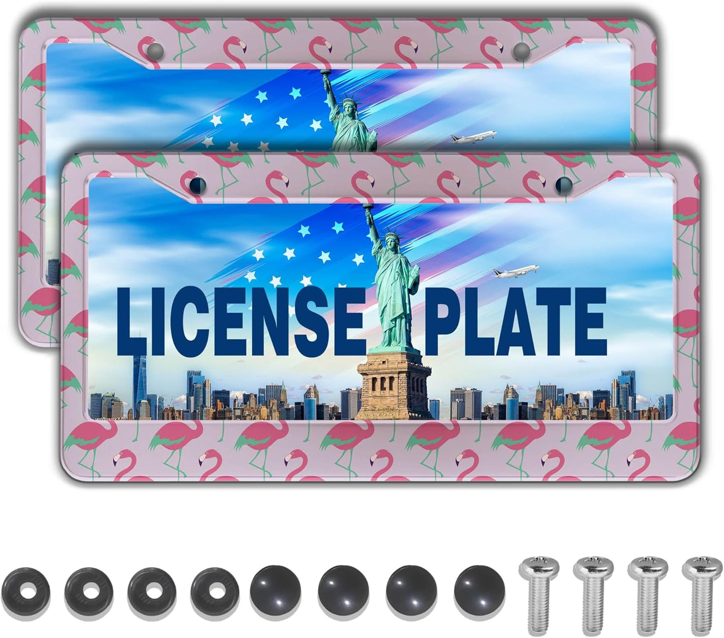 License Plate Frames for Girl Pink License Plate Cover for Women Pink Flamingo Animals Aluminum Metal Car Accessory 2 Pack with Screw Covers Set