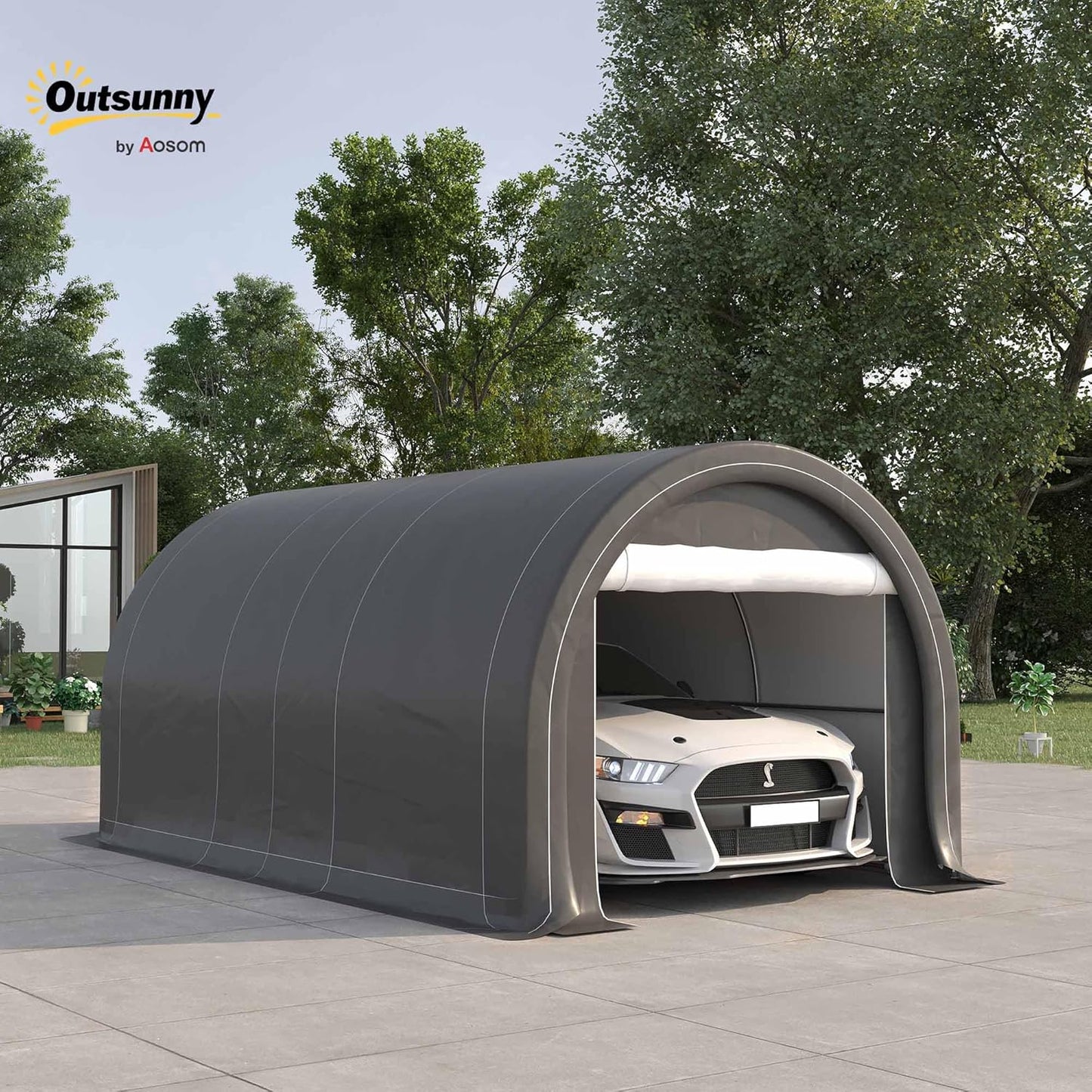 Outsunny 10' x 16' Carport, Heavy Duty Portable Garage Storage Tent with Large Zippered Door, Anti-UV PE Canopy Cover for Car, Truck, Boat, Motorcycle, Bike, Garden Tools, Outdoor Work, Gray