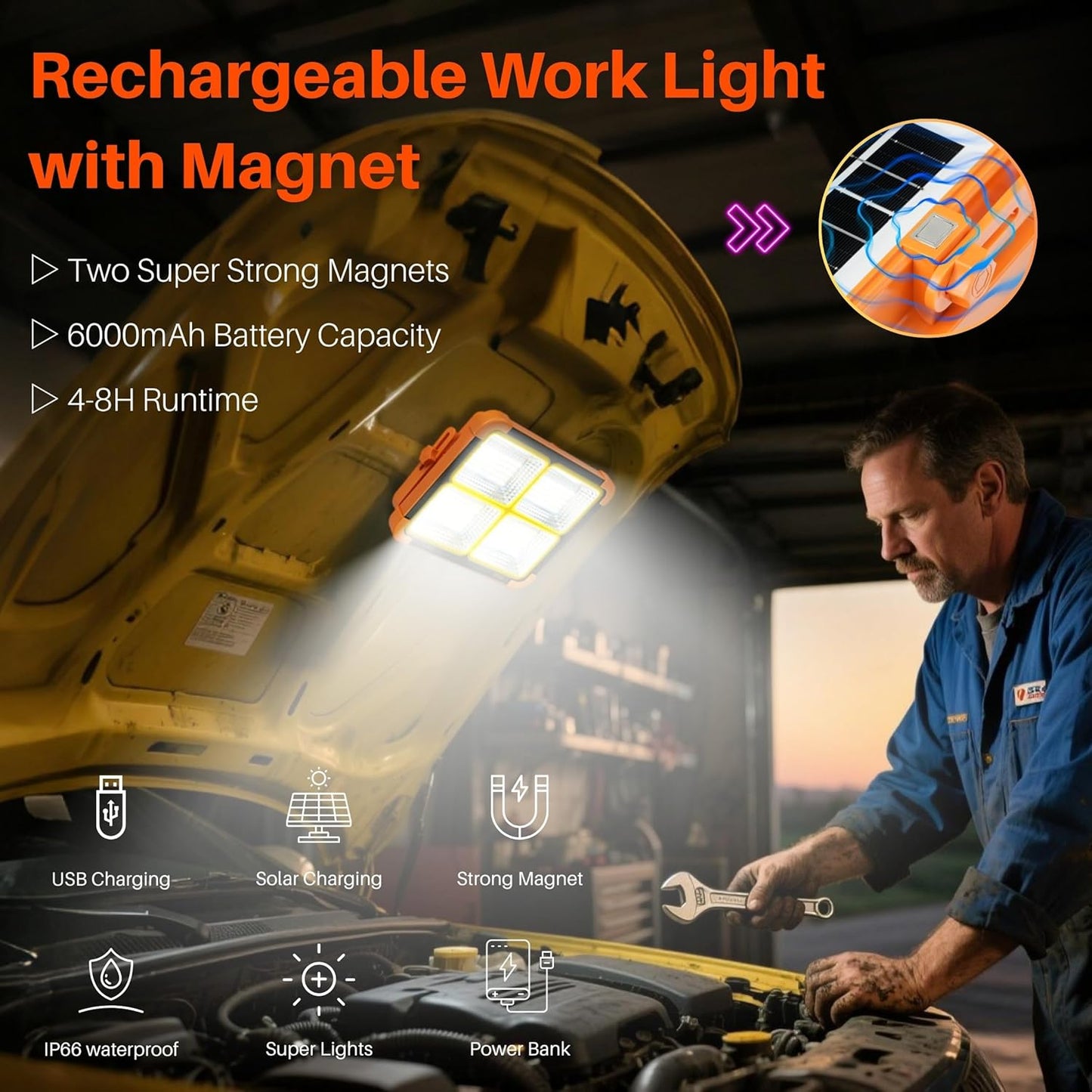 LED Solar Work Light with Magnetic, 5 Lighting Modes, IP66 Waterproof, Long Runtime, Portable Rechargeable Outdoor Working Light for Repair, Job Site, Camping, Emergency, Power Cut
