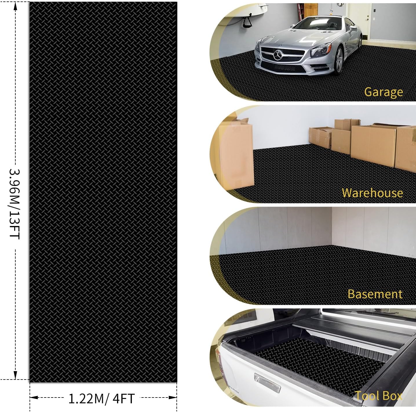 Premium Garage Floor Mat, Commercial Grade Heavy Duty Parking Mat for Garage Floor, Golf Cart Parking, Water/Stain Resistant Floor Runner (Black Diamond, 4 x 13 Feet)