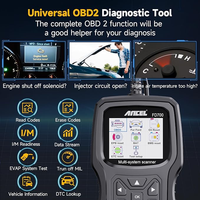 ANCEL FD700 Full System OBD2 Scanner Fits for Ford Lincoln Mercury Vehicles All Functions Automotive Disgnostic Scan Tool with Battery Registration ABS SRS SAS BMS Oil Reset TPMS Engine IQA EPB Regen