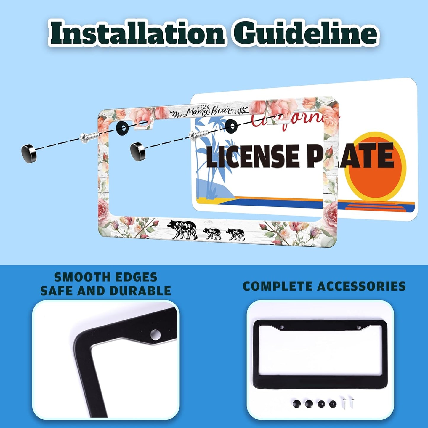 Mama Bear License Plate Frame Beautiful Flowers for Front or Rear Car Tags Stainless Steel License Plate Holder Funny Car Decoration with Screws 6.3 X 12.2 in