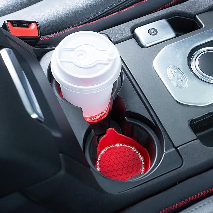 Amooca Car Cup Coaster Universal Non-Slip Cup Holders Bling Crystal Rhinestone Car Interior Accessories 4 Pack Red