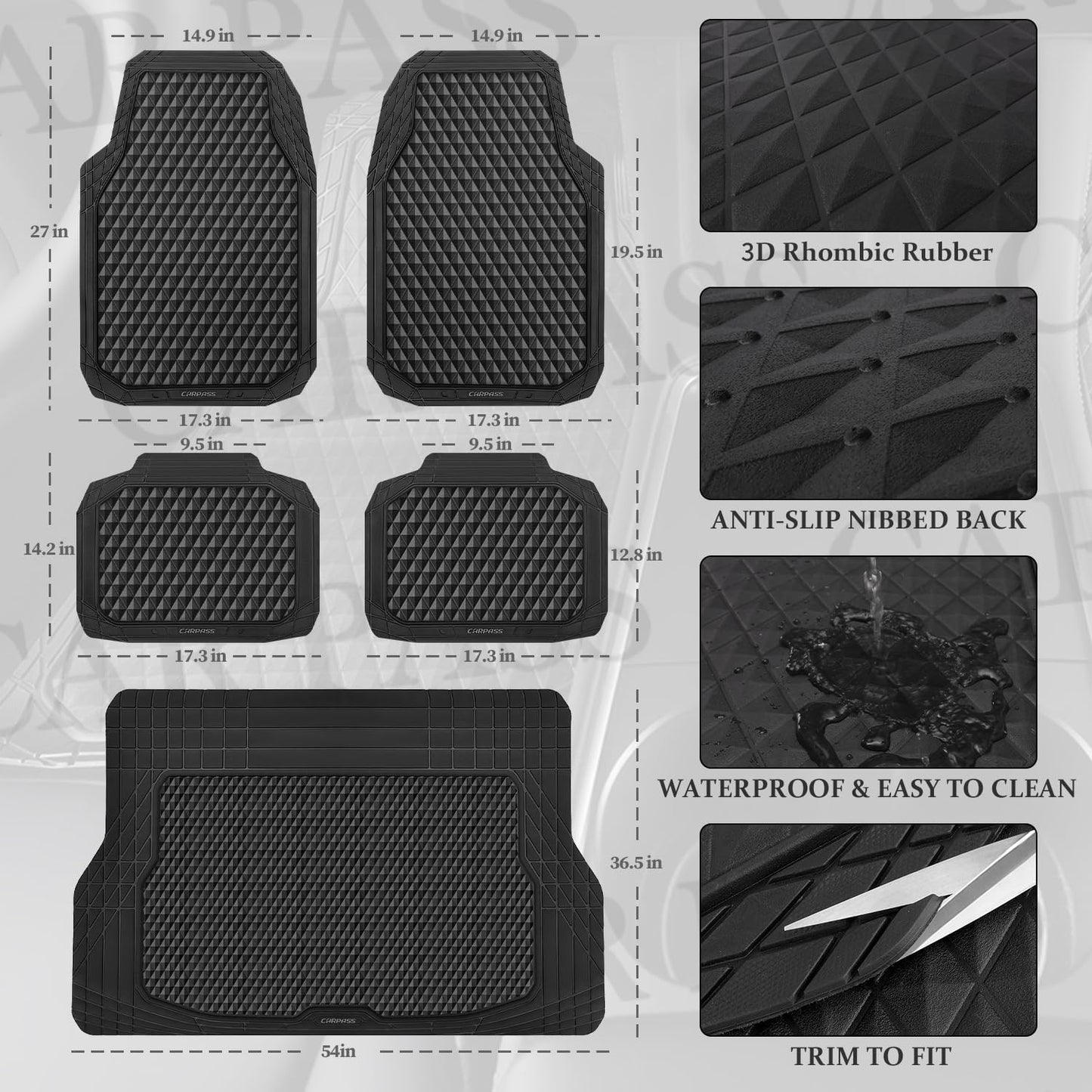 CAR PASS Black Rubber Car Floor Mats & Cargo Liners, Durable Anti-Slip 3D Rhombus Waterproof Automotive Pad Trim Fit Liner All-Weather Trunk Mats Full Set Universal Fit Auto Van Sedan SUV Truck Black