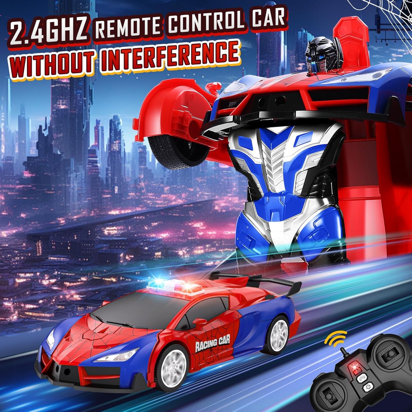 Remote Control Car for Boys 4-7, 2.4GHz RC Car 1:18 Scale, One-Button Transforming Toy with 360° Spins, LED Lights