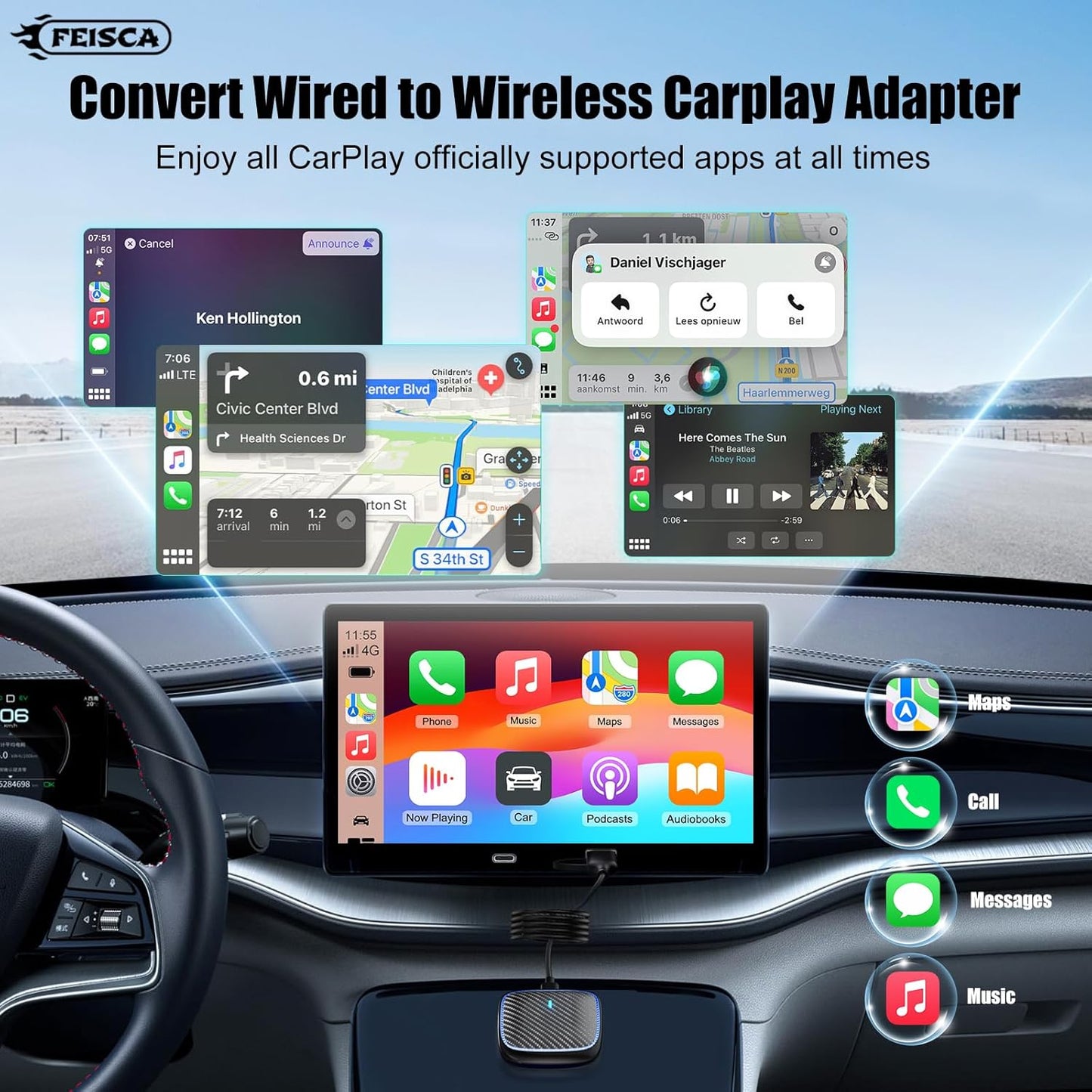 Wireless CarPlay Adapter for iPhone,Convert Wired to Apple Car Play Wireless Adapter, Plug and Play, with 60CM Extension Cable USB & Type-C, Connection Stable No Delay