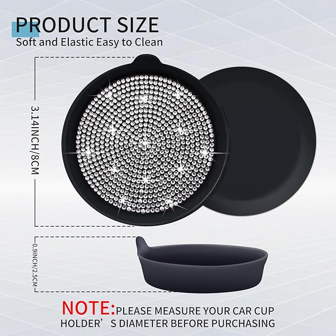 Amooca Car Cup Coaster Universal Non-Slip Cup Holders Bling Crystal Rhinestone Car Interior Accessories 4 Pack Black Whole Rhinestone