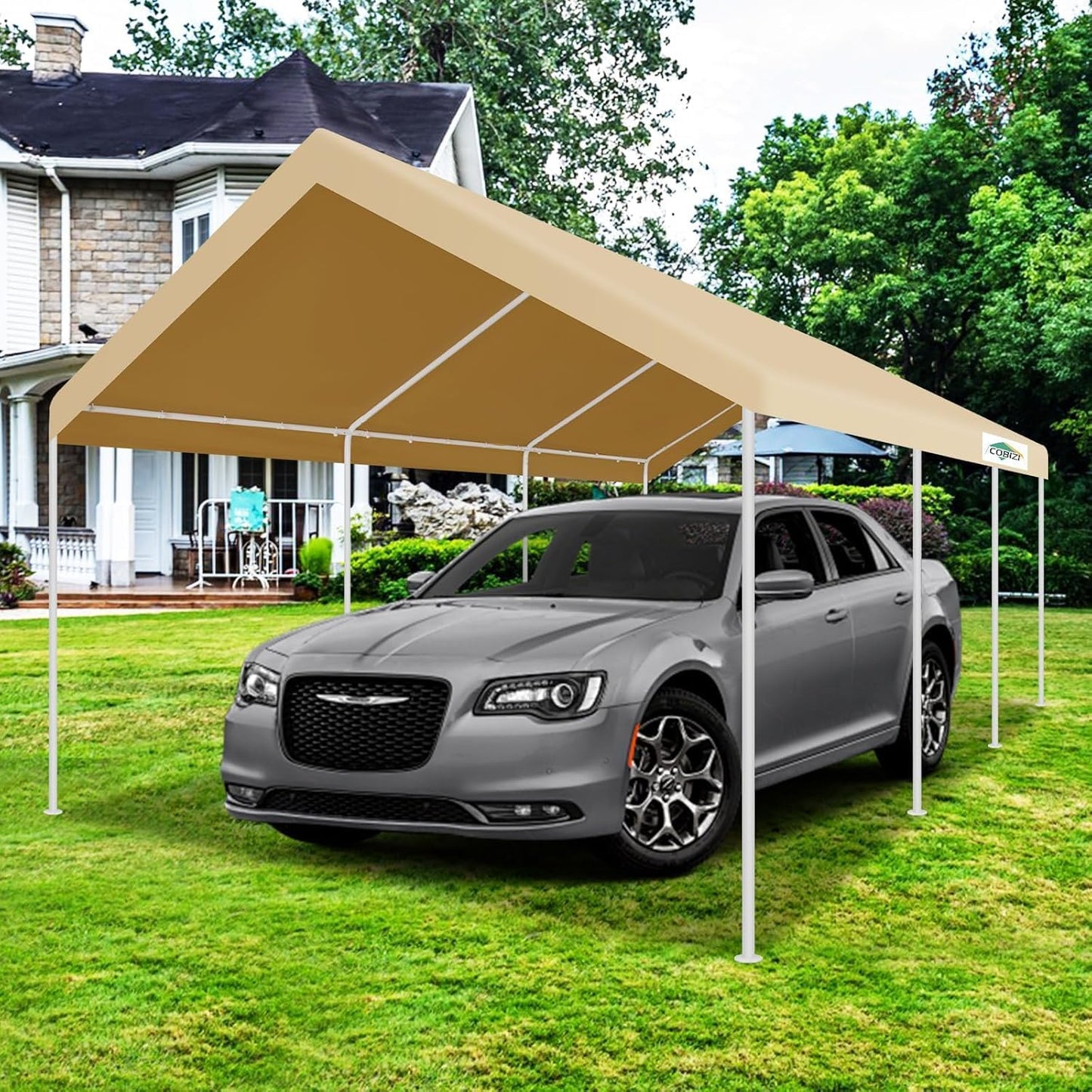 COBIZI 12x20ft Carport Heavy Duty, Portable Car Garage Outdoor Party Tent with Built-in Sandbags, Waterproof Car Canopy for Truck, Boat, SUV with All-Season Tarp, Khaki