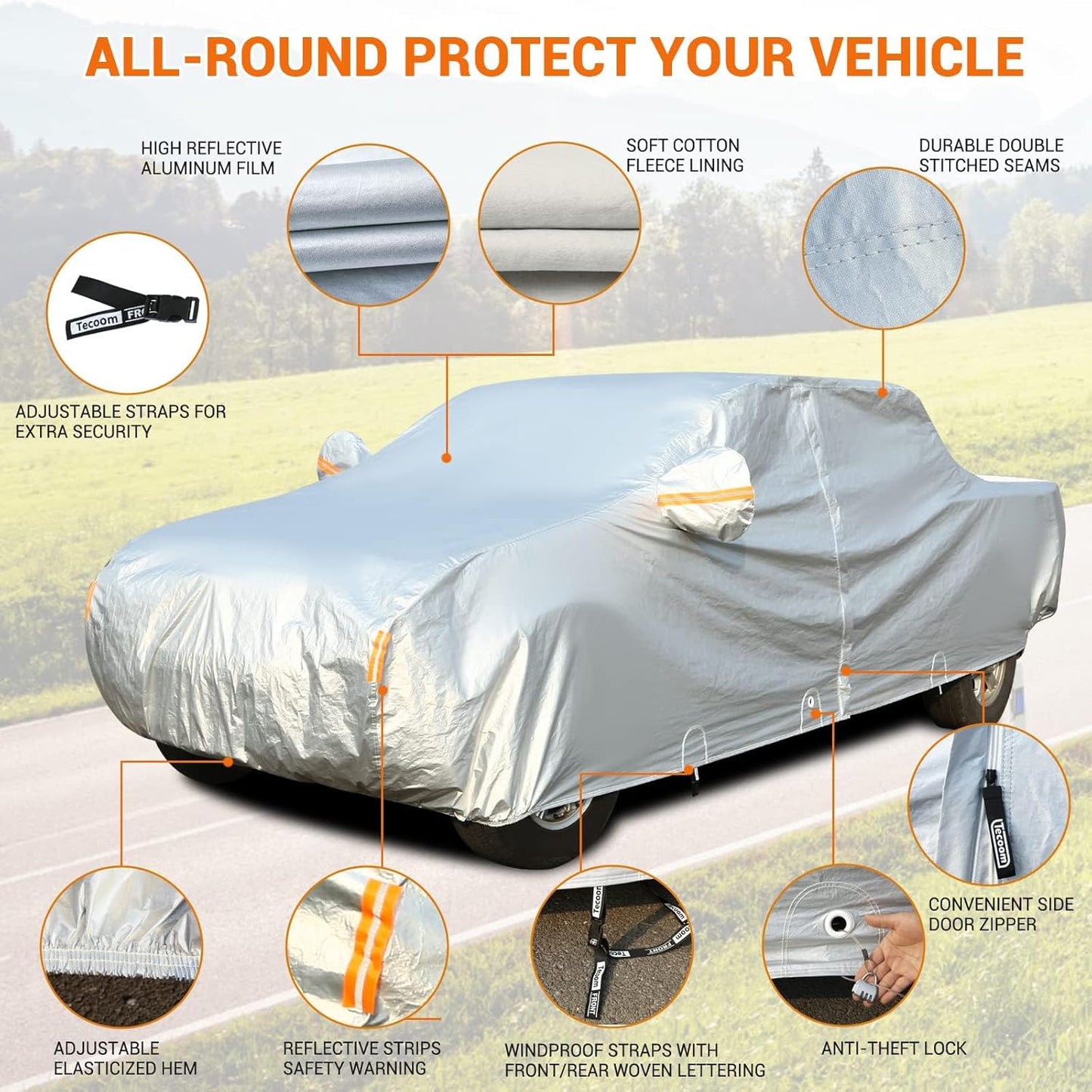 Tecoom Truck Cover Waterproof All Weather, 3 Layers Pickup Cover with Zipper Door/Lock, Full Exterior Covers Outdoor with Fleece Lining Cotton, Universal Fit Regular/Extended/supercrew Cab