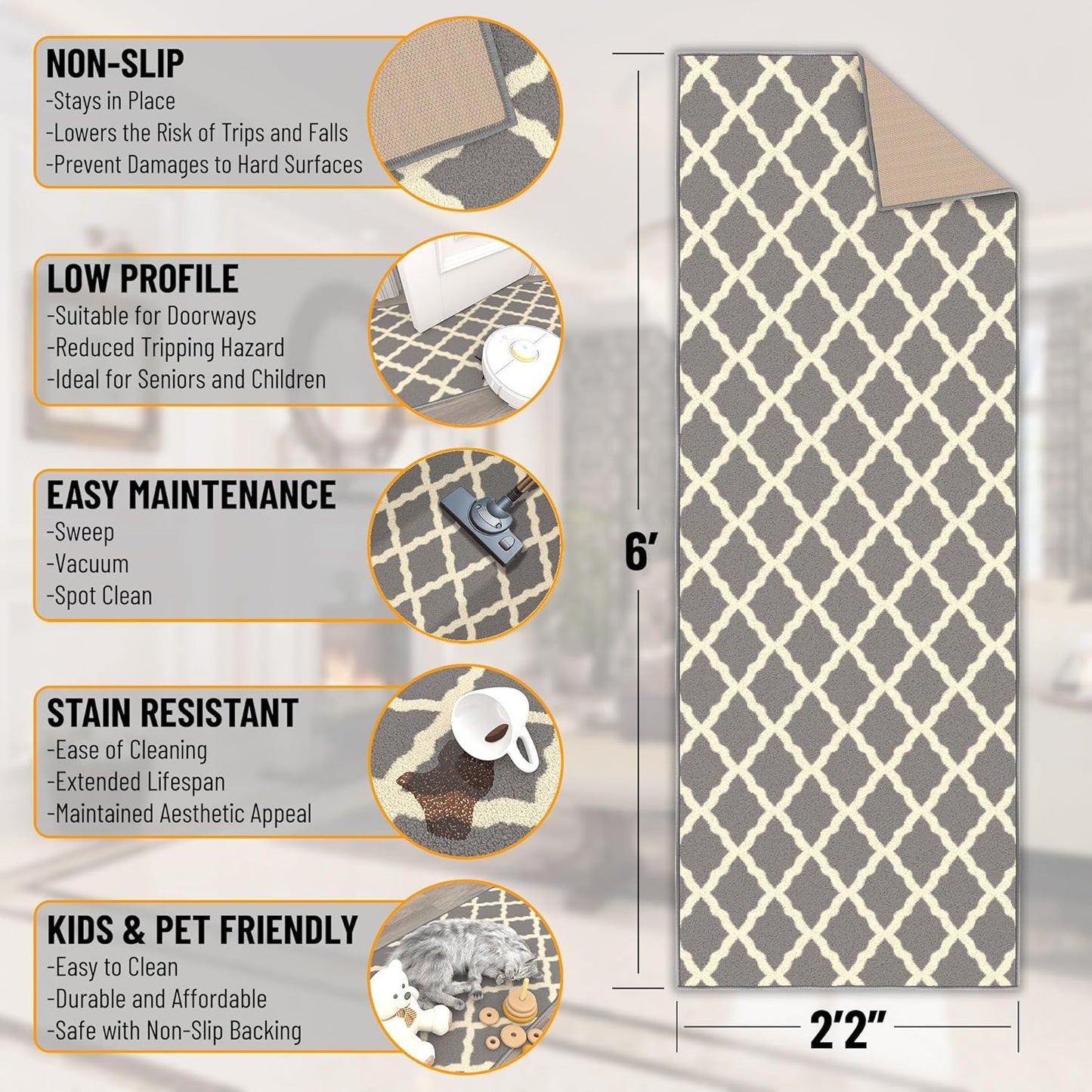 Ottomanson Hallway Runner Rug 2'2" x 6' Non Slip Trellis Area Rugs Easy to Clean Laundry Rug Runner Durable & Pet Friendly Floor Carpet Runners for Hallways Entryway Living Room Kitchen, Gray