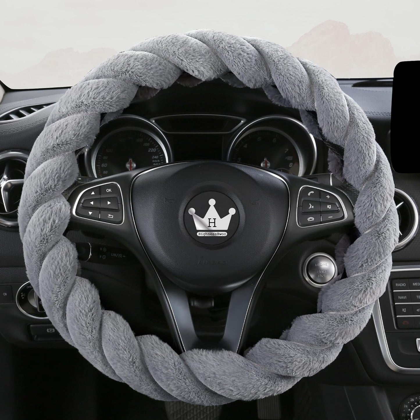 Luxury Fluffy Winter Car Steering Wheel Cover for Women Soft Warm Plush Cute Auto Accessories for Vehicle, Sedan, Universal, Fuzzy, Anti Slip, Gray, Standard Size, 14.75-15.15"