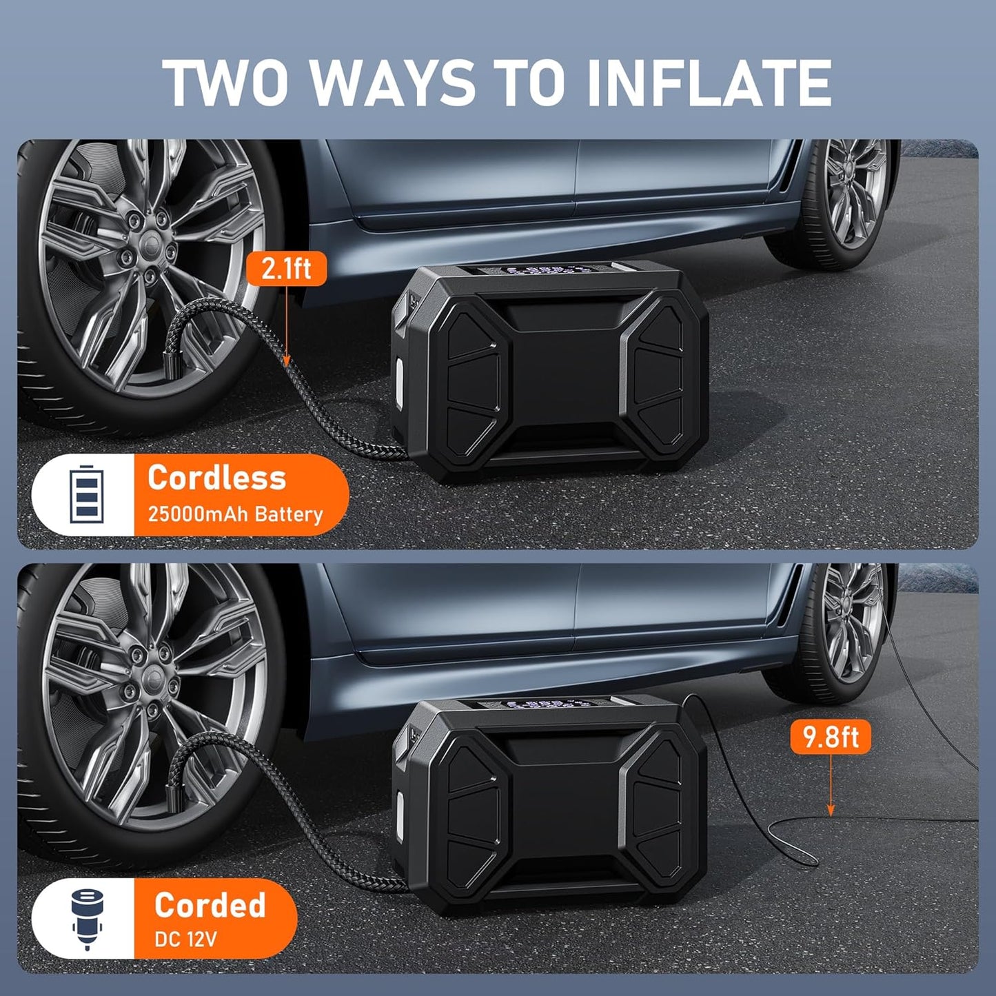 Tire Inflator Portable Air Compressor, 150 PSI Cordless Tire Pump for Car Tire 12V DC Dual Power Battery Tire Inflator Air Pump with Pressure Gauge LED Light for Car, Motorcycle, Bike, Ball