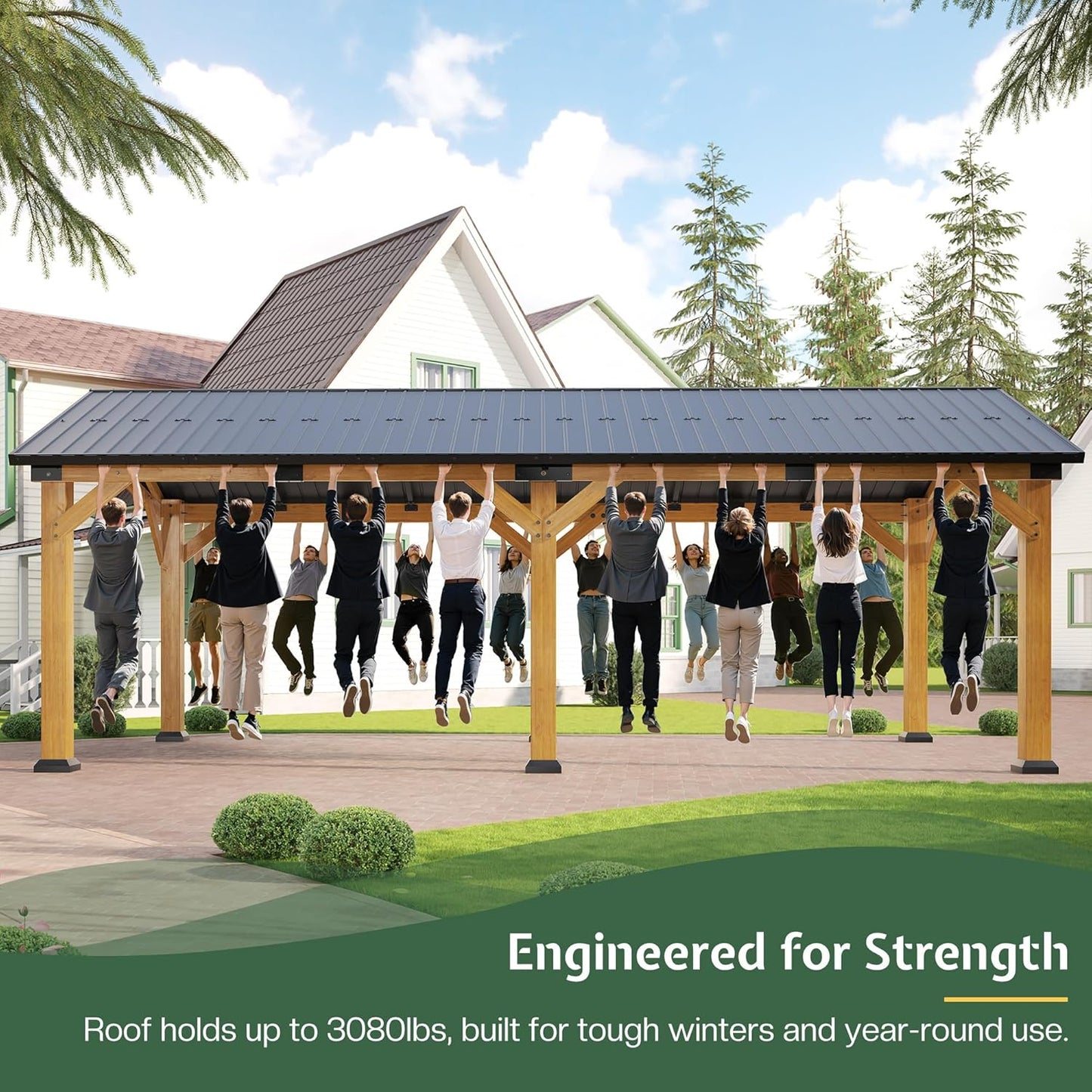 Jocisland 12x24 FT Cedar Wood Hardtop Carport with Steel Roof, Waterproof Outdoor Gazebo Pavilion, Heavy-Duty Snow & Wind Resistant Canopy for Patio, Driveway, Garden