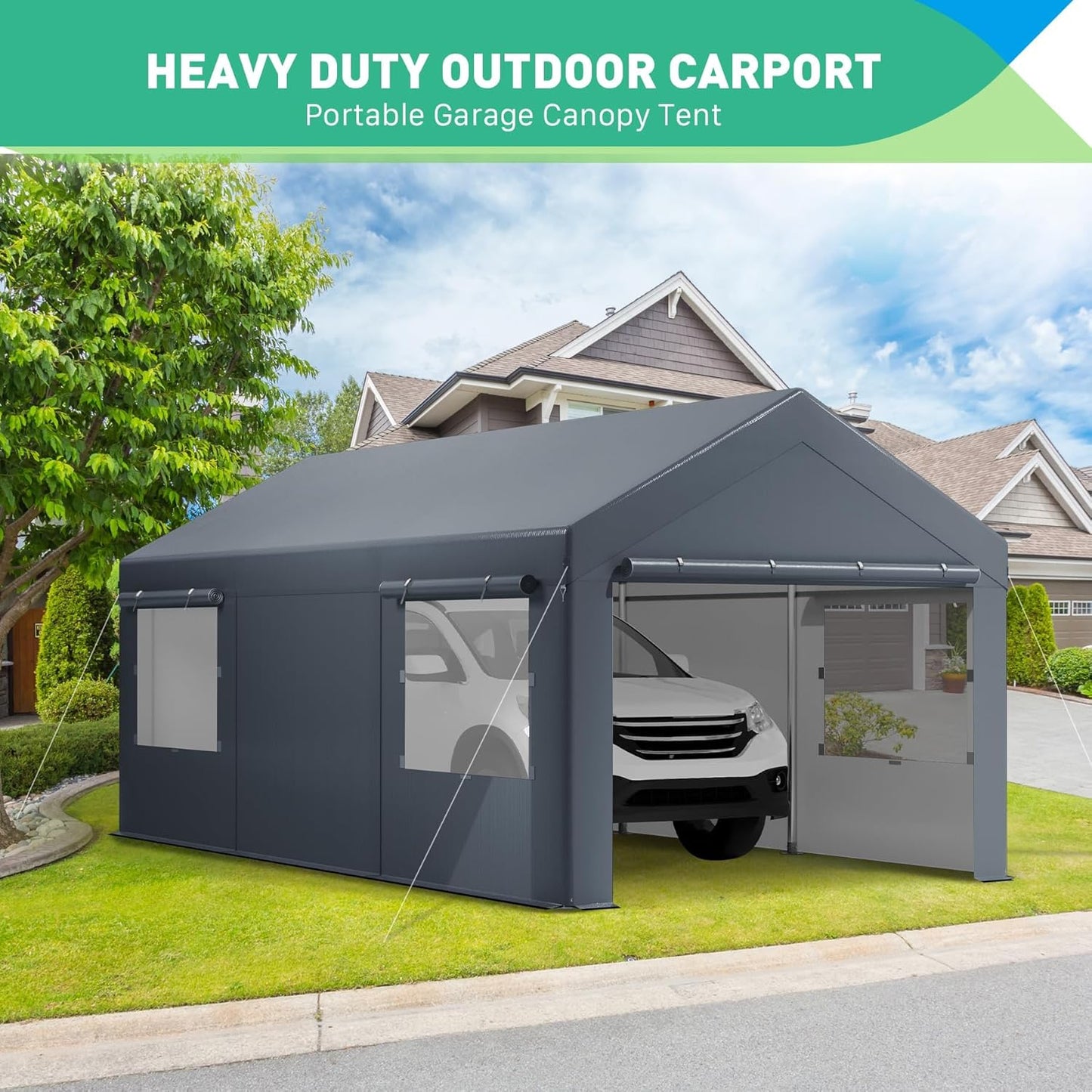 12X20 Ft Heavy Duty Carport Canopy, Portable Garage, Car Tents, Easy to Assemble, Reinforced Structure, with Hanging Edge, Applicable to Car, Bike, Boat, Party (Gray)