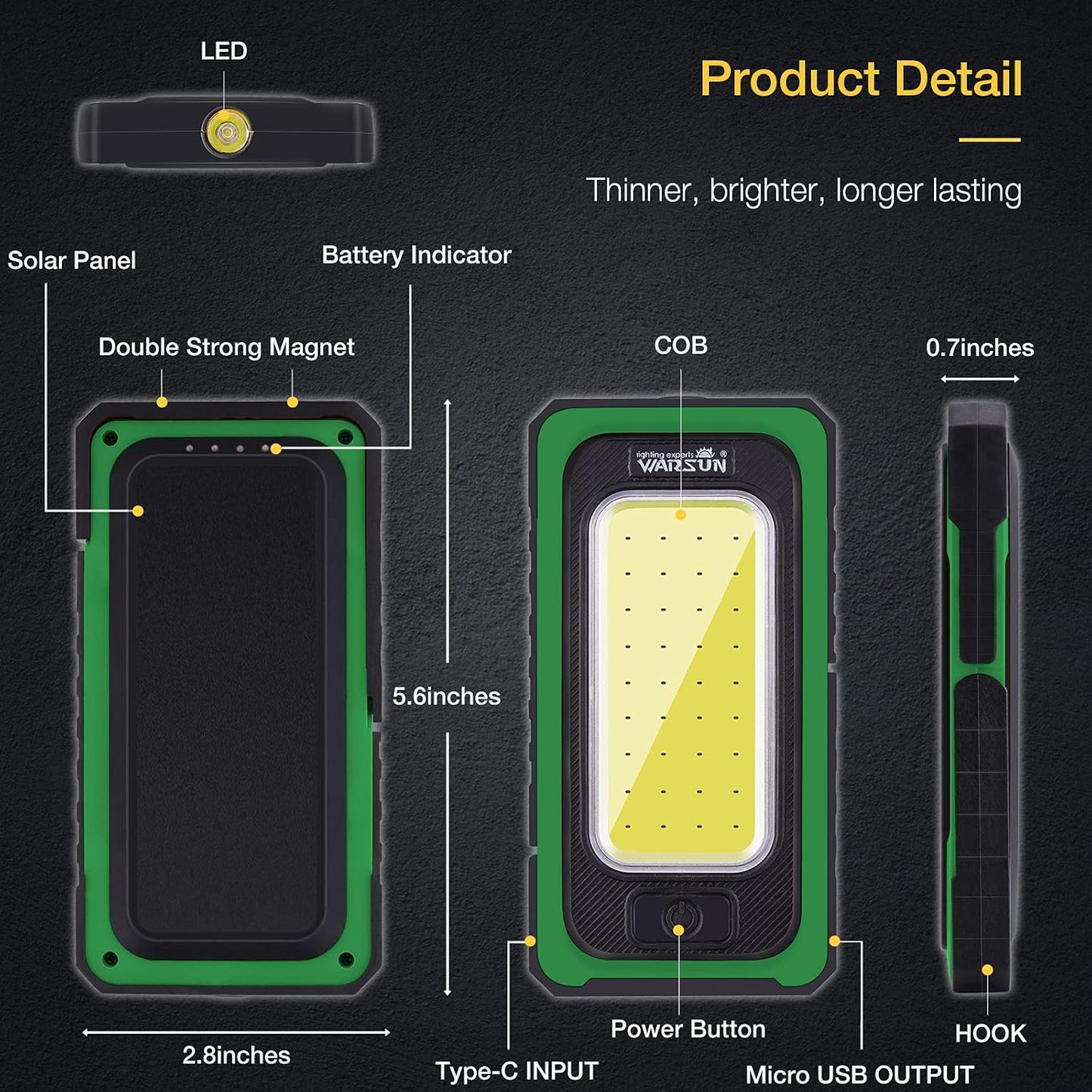 WARSUN Led Rechargeable Portable Magnetic Waterproof Solar Flood Light for Outdoor Camping Hiking Emergency Car Repairing (USB Charging, Green)