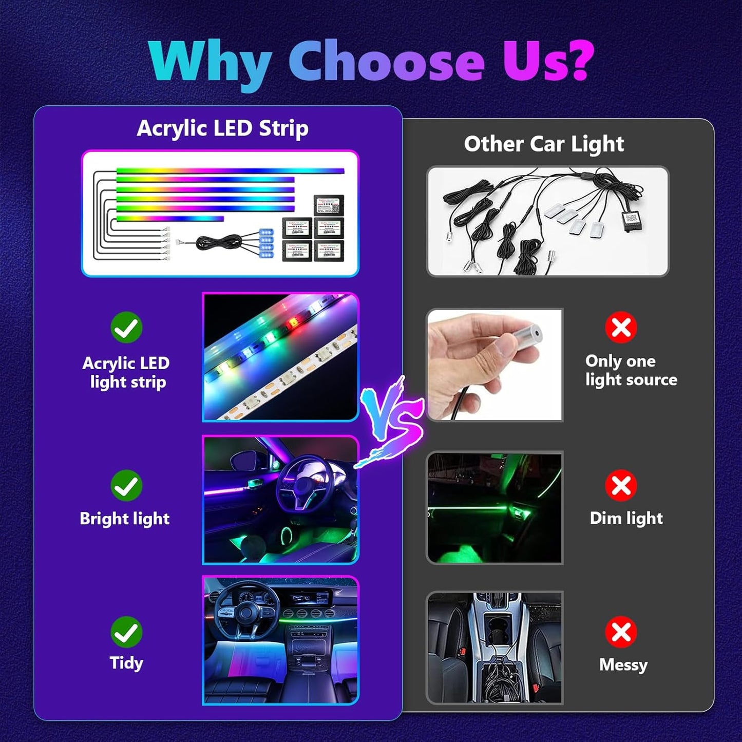 AMKI Dreamcolor Acrylic Interior LED Strip Light, Neon Light with Wireless APP Control, 10 in 1 Sub-Control Ambient Light Kit Accessories with DIY and Music Mode, 16 Million Colors