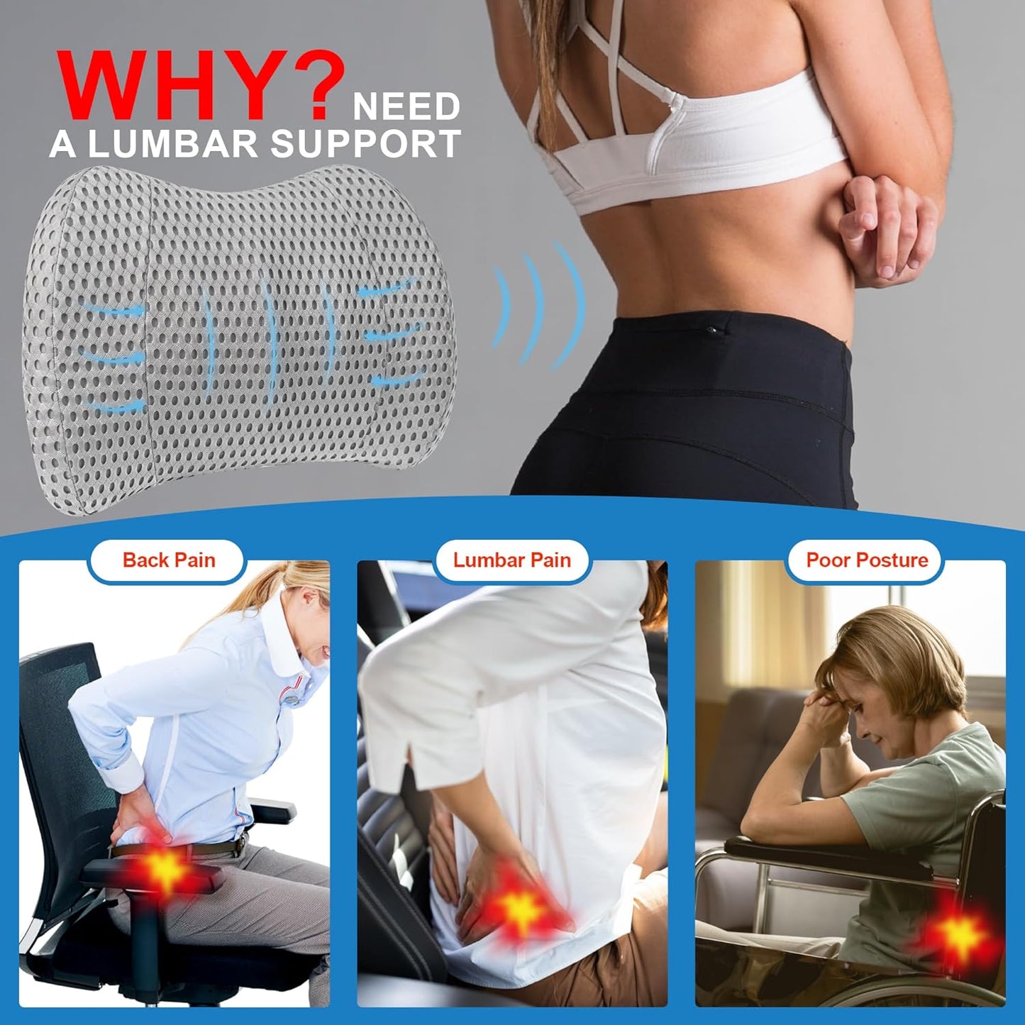 Lumbar Support Pillow for Car, Memory Foam Lumbar Pillow for Lower Back Pain Relief - Back Cushion for Driving, Chair Support for Car-Office Chair, Wheelchair - Mesh Gray