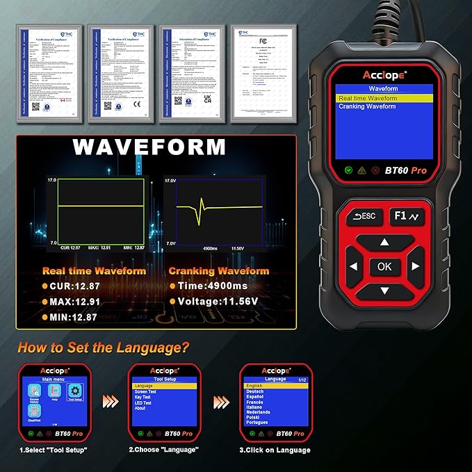 BT60 Pro Car Battery Tester with Cloud Printing,100-3000 CCA, Digital Analyzer for 6V/12V/24V Batteries, AGM Lithium Gel Battery Checker, Automotive Alternator System