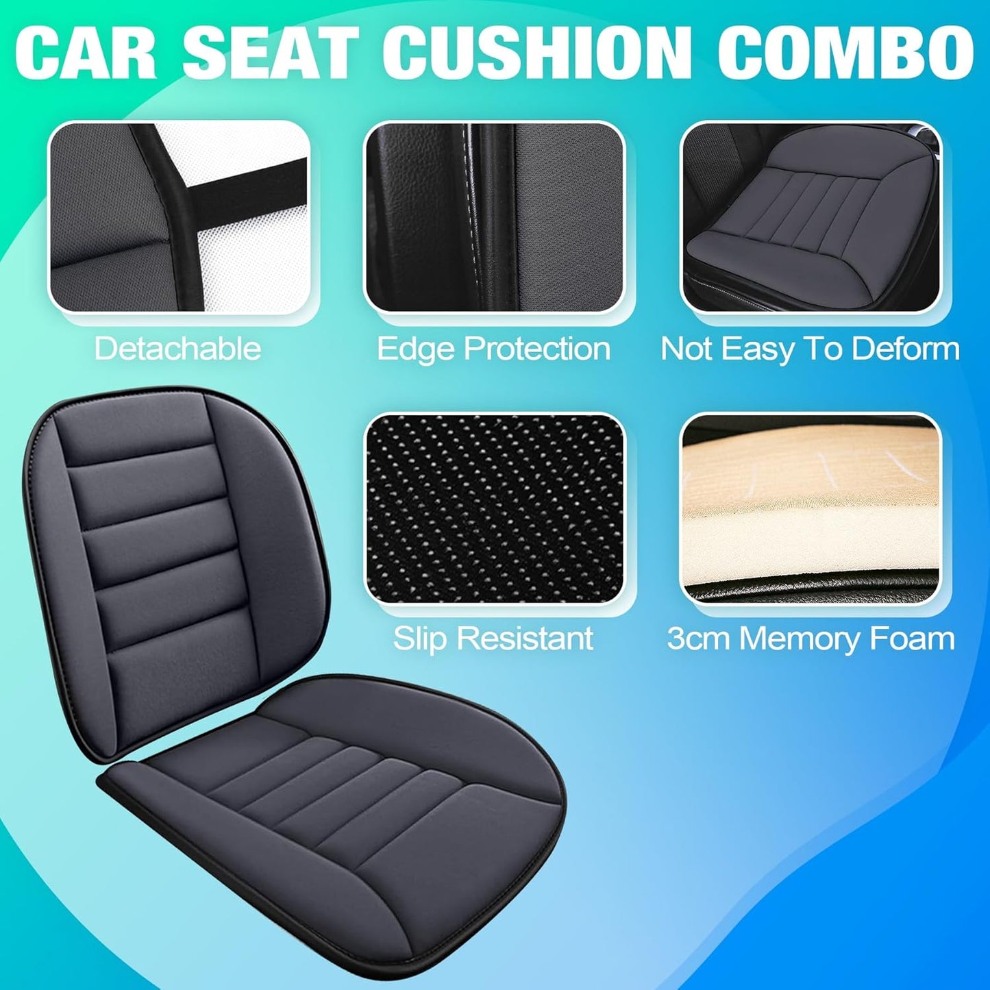 MYFAMIREA Car Seat Cushion and Lumbar Support Pillow 1.2'' Thick Memory Foam Desk Chair Cushion Back Support for Automotive Seat Driver, Travel, Leg and Back Pain Relief, Washable Adjustable Dark Gray