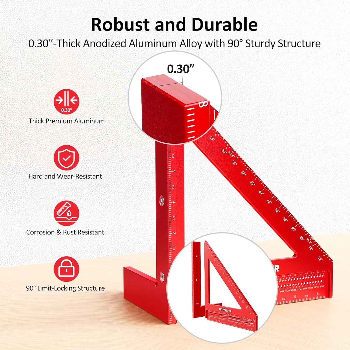 8 inch 3D Multi-Angle Measuring Square Ruler, WT103B High Precision Hole Scribing Woodworking Tools, 0-90° Aluminum Alloy Carpenter Square Wood Working Tools, Carpenter Pencils 6 Refills.