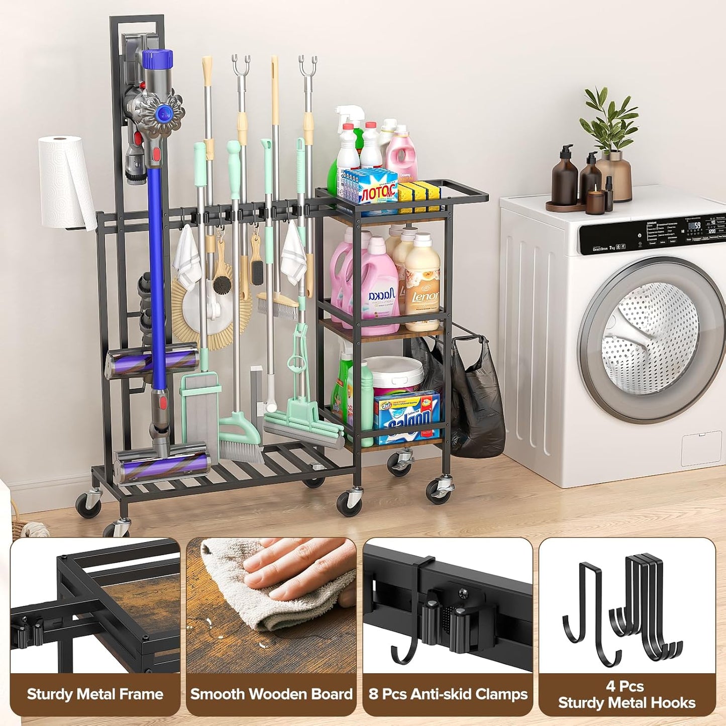 Cleaning Utility Cart on Wheels, Multifunctional Cleaning Tools Supplies Organizer with Broom and Mop Holder, Vacuum Stand Compatible with Dyson, Rolling Storage Caddy Cart for Home