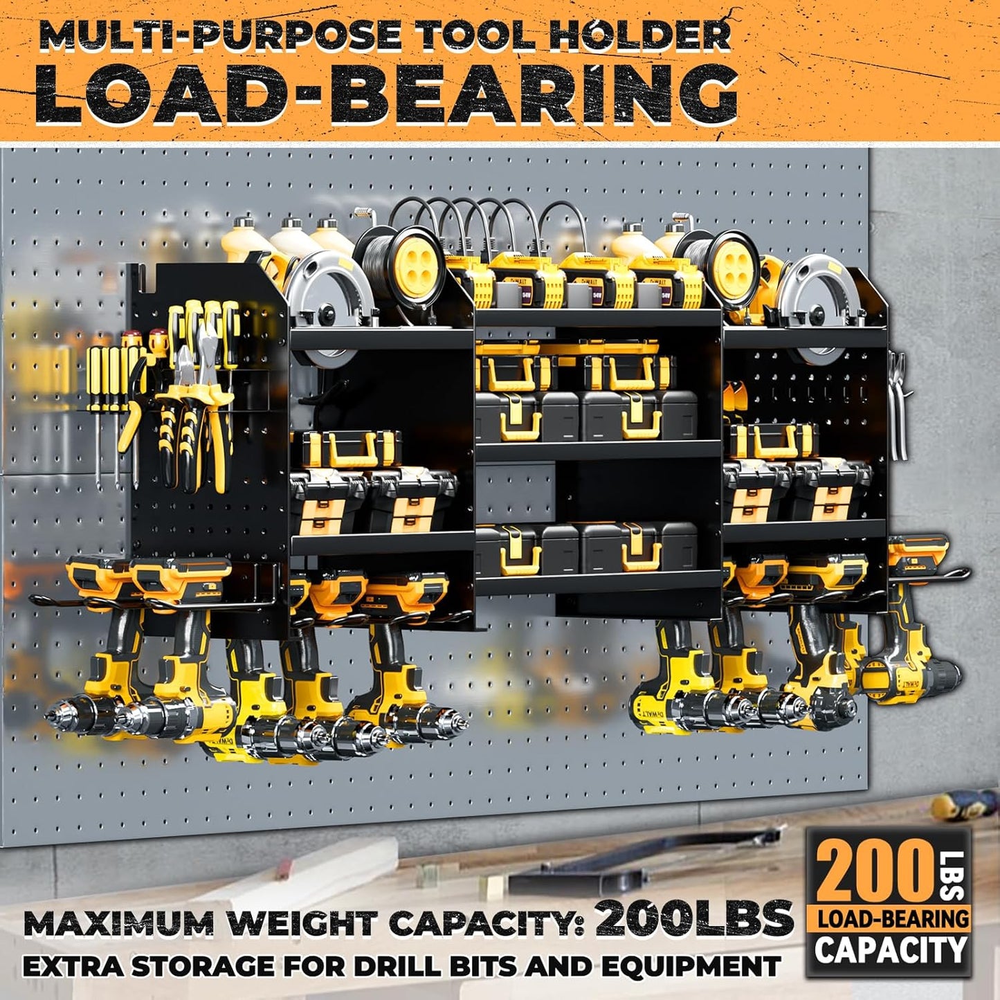 Upgrade Large Power Tool Organizer Wall Mount with Charging Station Tool Storage Rack with 6.5FT Power Strip 10 Drill Holder and Storage Rack for Garage Organization