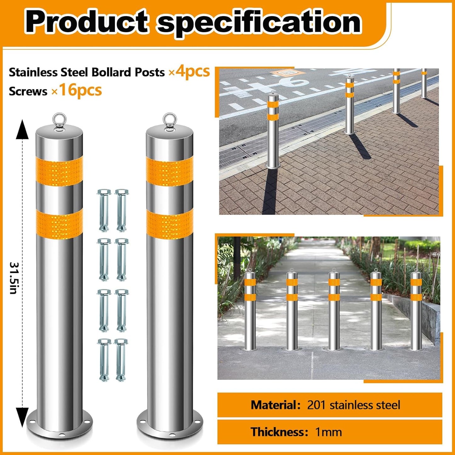 31.5 Inch Stainless Steel Bollard Post with Anchor Bolts Parking Barrier Block Safety Bollard Covers with Reflective Strips and Hanging Ring for Parking Lots Driveways Garage Pathways(4 Pcs)
