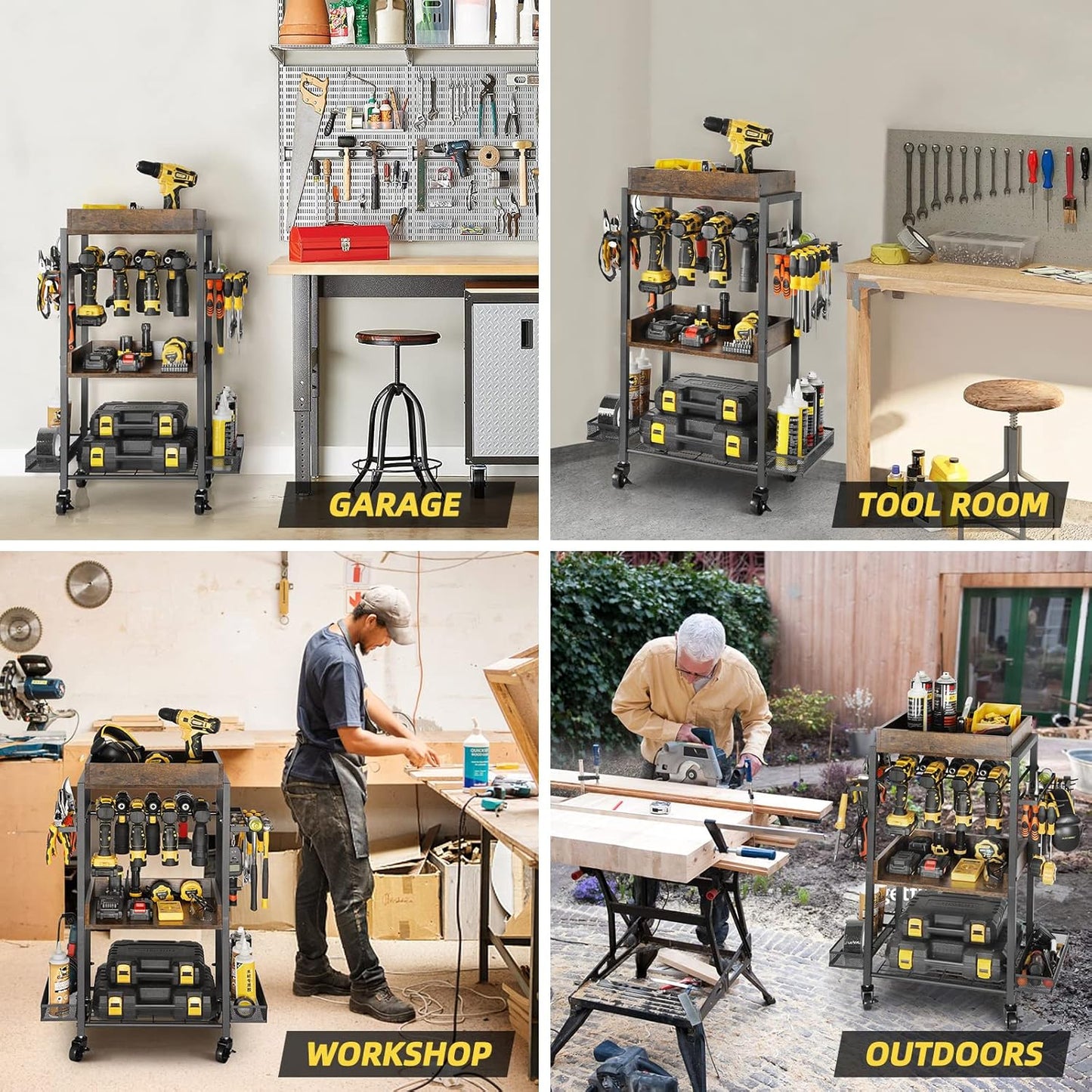 Power Tool Organizer Garage Storage Organization Shelving Tool Holder Drill Rack Shelf Rolling Cart Open Tool Chest Cabinet Box Organizer with Wheels Workshop Garage Gift Ideas for Men Dad