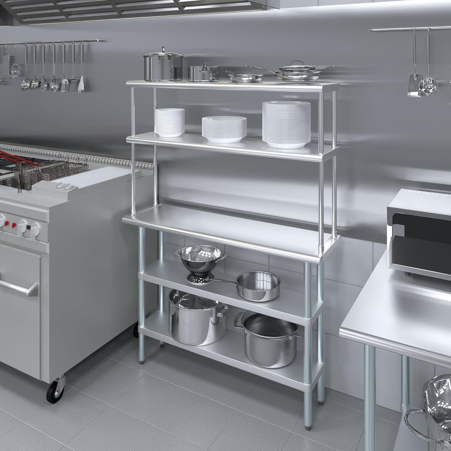 Amgood Stainless Steel Work Table with 2 Shelves | Metal Kitchen Prep Table & Shelving Combo (14" x 48" Table with 2 Shelves + 12" Overshelf)