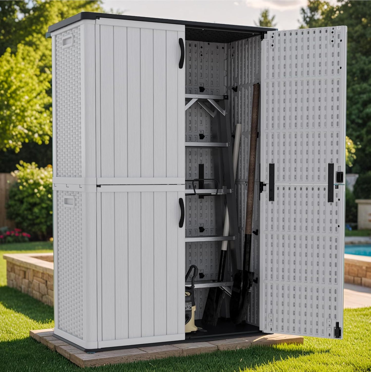 Patiowell 50 cu.ft Plastic Outdoor Storage Shed, Lockable Waterproof Resin Storage Cabinet Vertical Storage Shed for Garden Tools, Garbage Cans, Pool Supplies, White(Not Include Shelves)