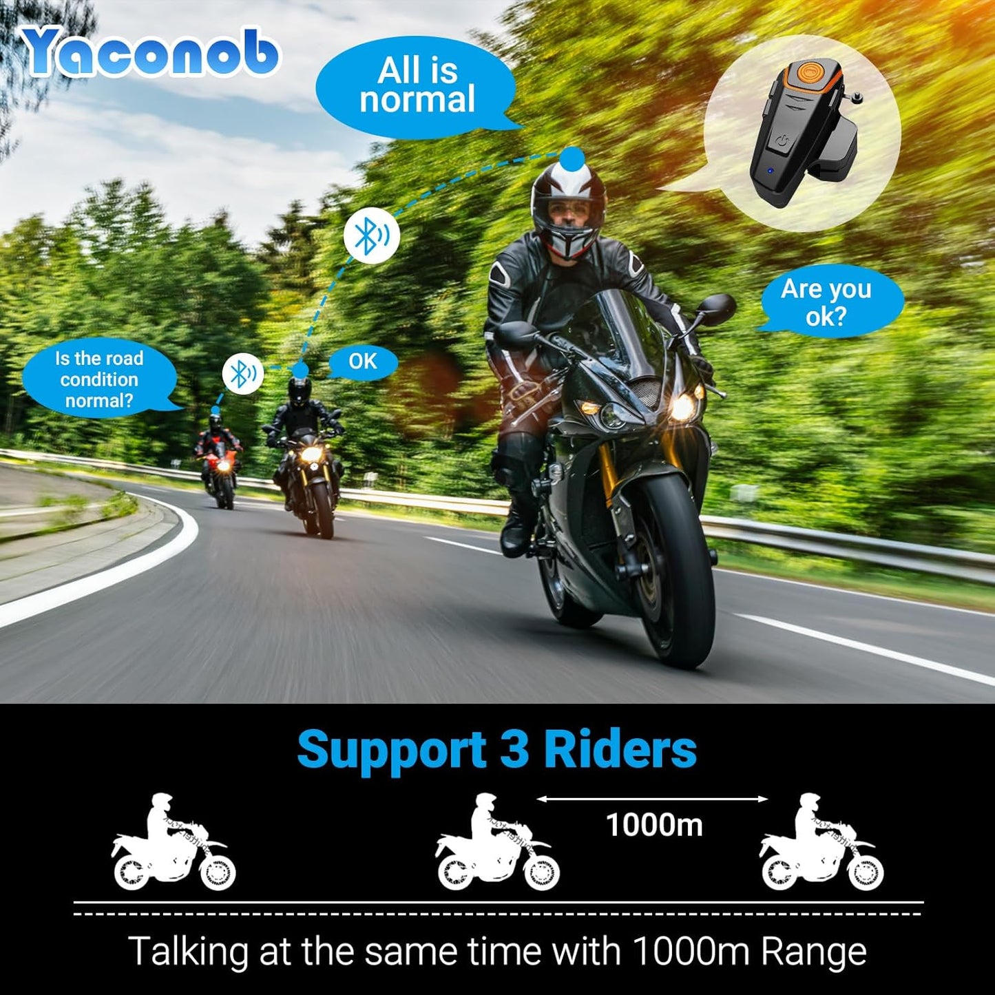 Helmet Bluetooth Headset Bt-S2ns, 1000m Helmet Communication System, Connect Up to 3 People 2 People Talk at The Same Time（1pack）