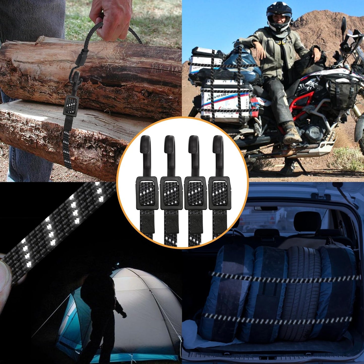 Bungee Cords with Hooks Heavy Duty, Flat Adjustable Bungee Cords with Hooks 40 Inch, Reflective Rubber Black Bungee Straps with Buckle Hooks for Outdoor, Camping, Tarps, Bike Racks, Tents, Black