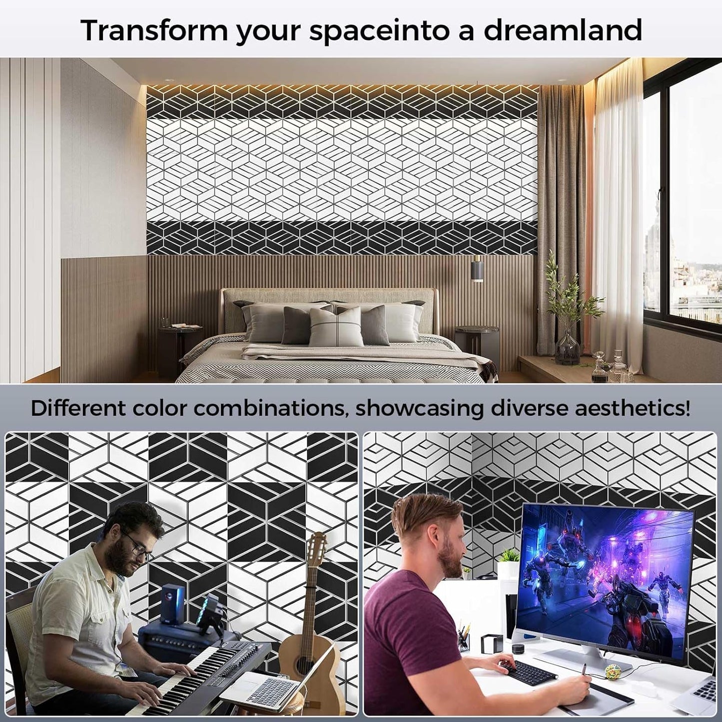 8 Pack 2-Layer Soundproof Wall Panels, 12 x 12 x 0.43 in Sound Proof Foam Panels for Walls, 1.1lb/ft³ High Density, Thicker 0.43 in, 3D Acoustic Panels,Artistic Noise Dampening Panels Black&White