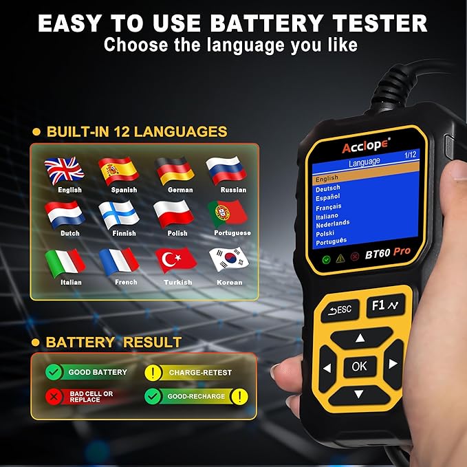BT60 Pro Car Battery Tester, Digital Analyzer with Cloud Printing, 100-3000 CCA Range for 6V/12V/24V AGM, Lithium, Gel Batteries, Automotive Charging System
