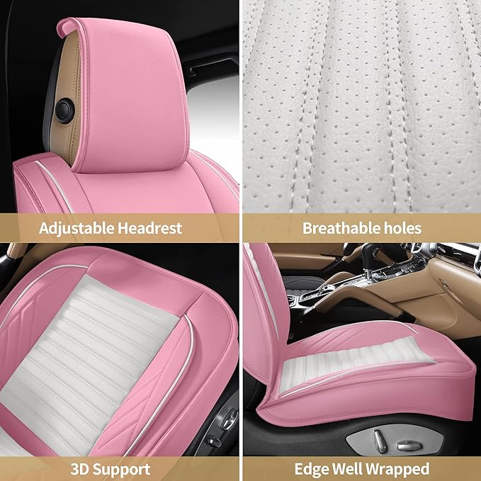 AOOG Pink Leather Car Seat Covers, Leatherette Automotive Seat Cover for Cars SUV Pick-up Truck, Universal Non-Slip Car Seat Cover Waterproof Protectors Interior Accessories, Full Set Pink