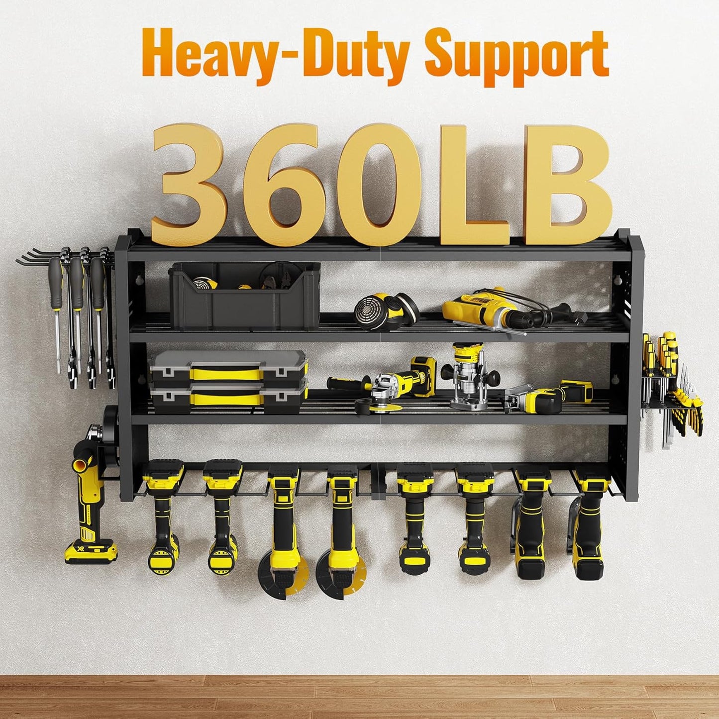 Tomorotec Wall-Mounted Power Tool Storage Rack for Drill, Toolbox & Accessories, Heavy-Duty Steel Organizer with Side Hooks and Adjustable Shelves, Easy Installation Garage & Workshop Storage (Black)