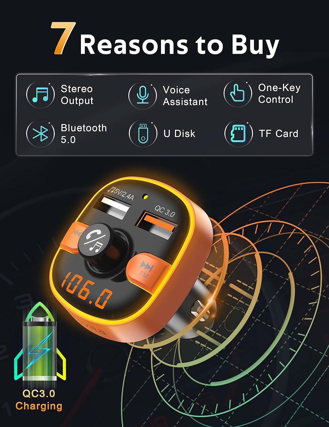 Upgraded Arsvita Bluetooth FM Transmitter for Car, Radio Receiver/Audio Adapter with Dual Car Charger, Support QC3.0 Quick Charging, Hands-Free Calling and Hi-Fi Sound Playback, Orange