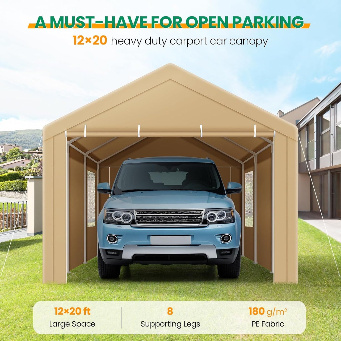 COBIZI Carport Canopy 12x20 Heavy Duty Portable Garage with Roll-Up Ventilation Windows & Doors, Removable Sidewalls Car Canopy Tent Waterproof with Built-in Sandbags for Cars, Boats, Trucks, Khaki