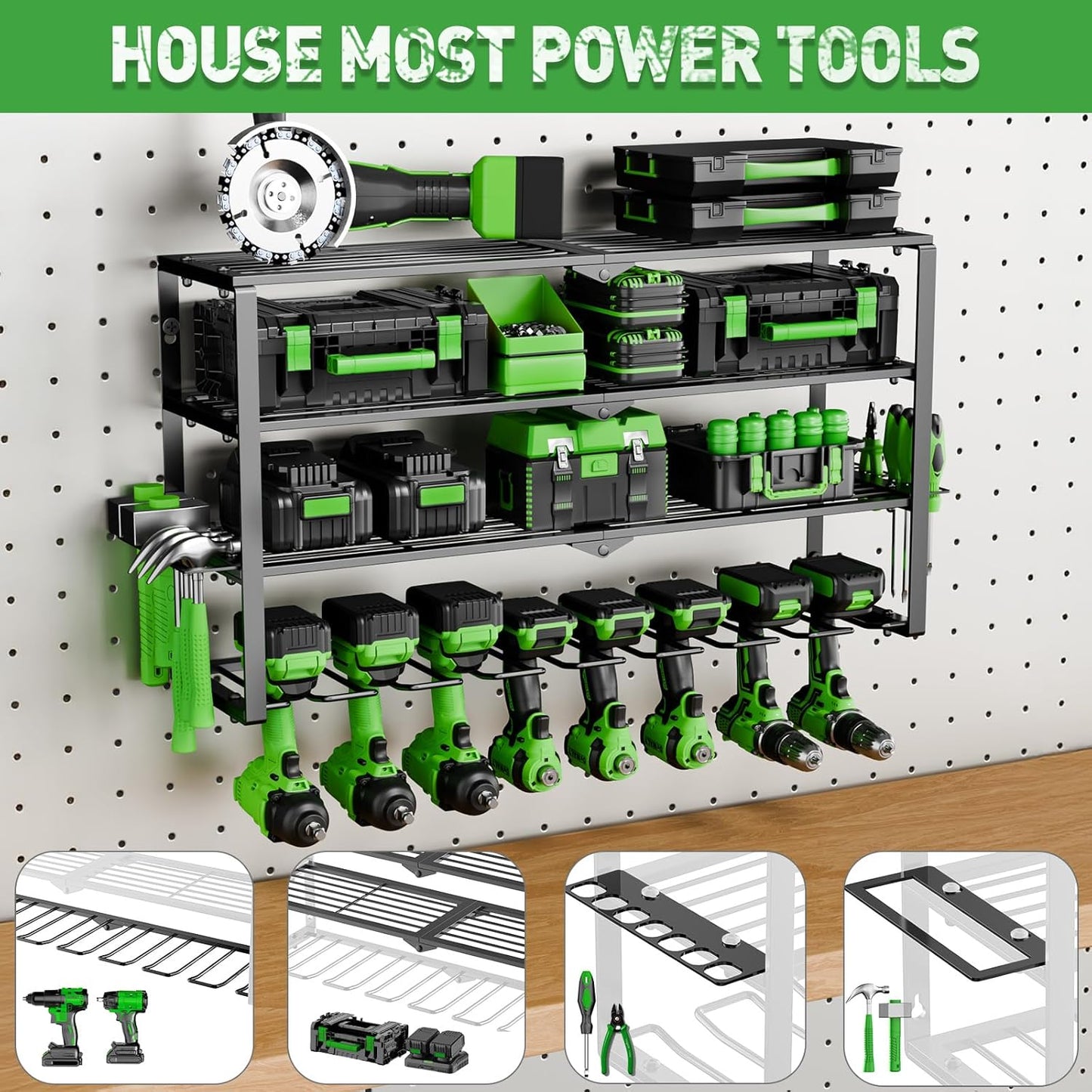 Power Tool Organizer Wall Mount, 4 Layers Tool Storage Rack with 8 Cordless Drill Holders, Power Tool Shelf Loads 400lbs for Garage, Warehouse, Workshop, Gifts for Men, Husband (Bohemian)