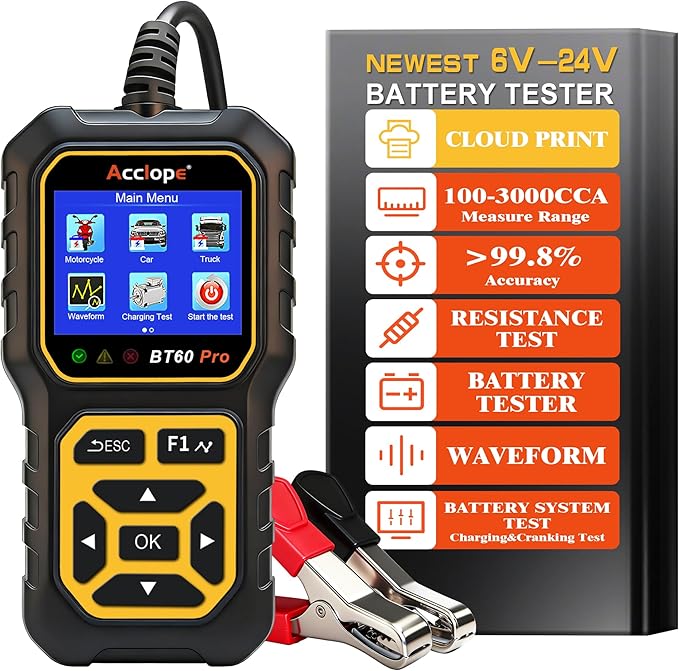 BT60 Pro Car Battery Tester, Digital Analyzer with Cloud Printing, 100-3000 CCA Range for 6V/12V/24V AGM, Lithium, Gel Batteries, Automotive Charging System