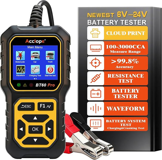BT60 Pro Car Battery Tester, Digital Analyzer with Cloud Printing, 100-3000 CCA Range for 6V/12V/24V AGM, Lithium, Gel Batteries, Automotive Charging System