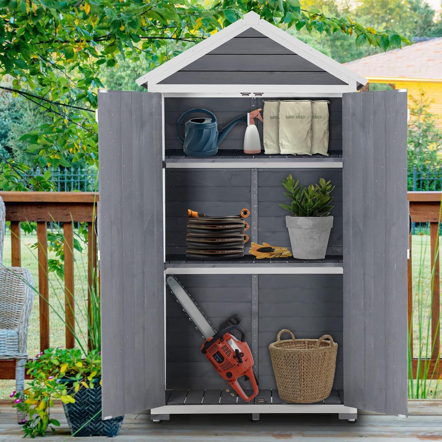 MCombo Outdoor Storage Cabinet with 2 Shelves, Outside Storage Shed with Floor, Wooden Garden Tool Shed with Latch for Yard Deck Lawn, 1000