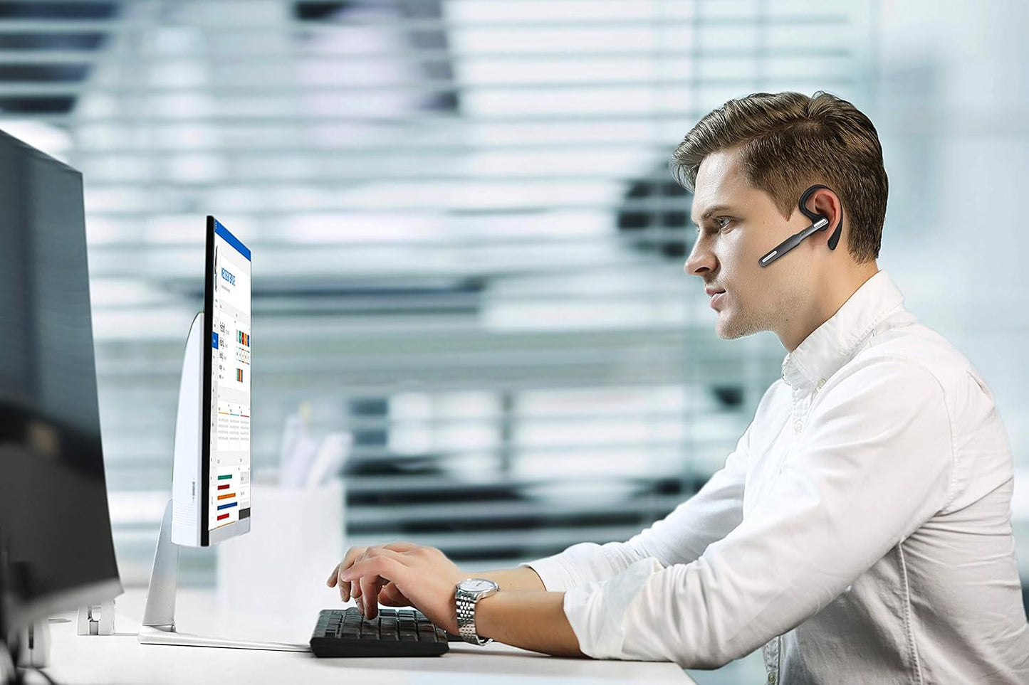 Bluetooth Headset, Wireless Bluetooth Earpiece V5.0 Hands-Free Earphones with Built-in Mic for Driving/Business/Office, Compatible with iPhone and Android (Gray)