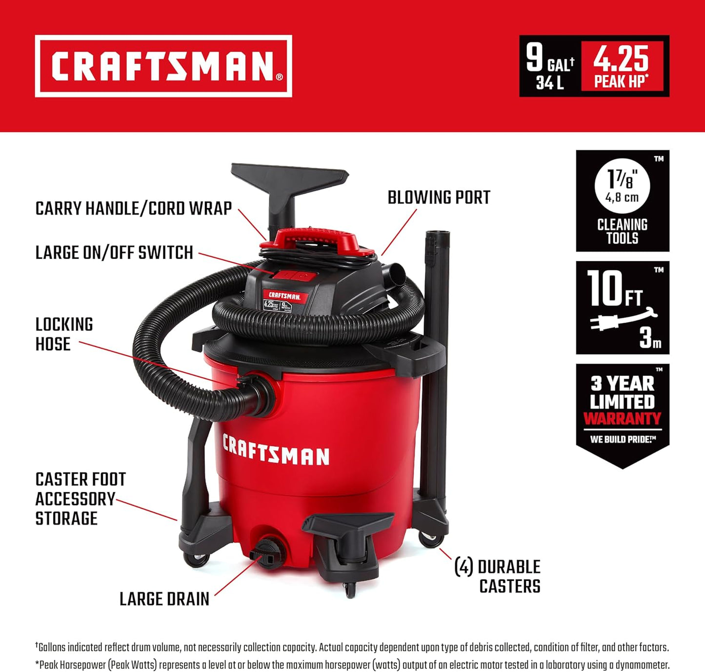 CRAFTSMAN CMXEVBE18690 9 Gallon 4.25 Peak HP Wet Dry Vac, Portable Shop Vacuum Wet and Dry with Filter, Dust Bag, Dusting Brush, Hose and Attachments for Home, Garage and Automotive Cleaning