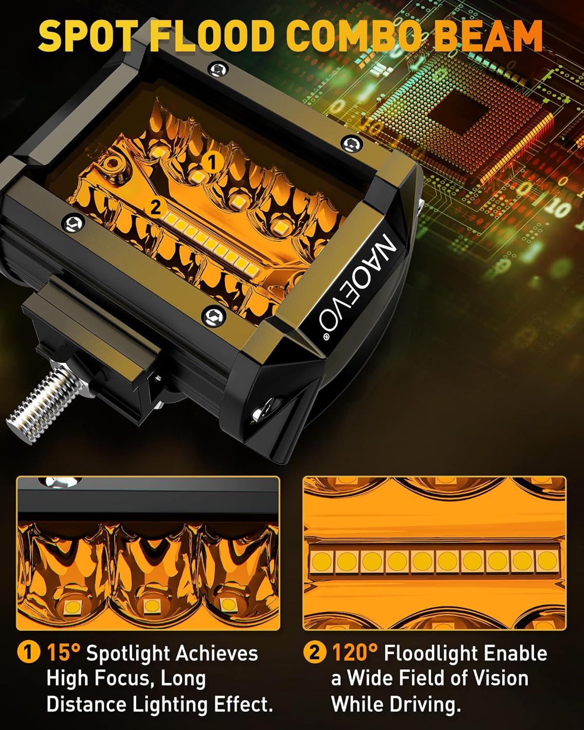 NAOEVO 4 Inch LED Pod Lights, Spot Flood Amber LED Fog/Driving/Off Road Lights with 2 Leads Wiring Harness, Cube Pods for Truck Boat ATV UTV, 2 Pcs (Amber)